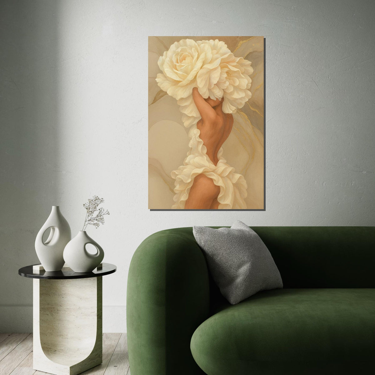 Flower Dress Canvas, Woman Art,Blossom Head Art, Floral Wall Art, Elegant Canvas Design, Ready to Hang Decoration, NatureInspired Wall Print