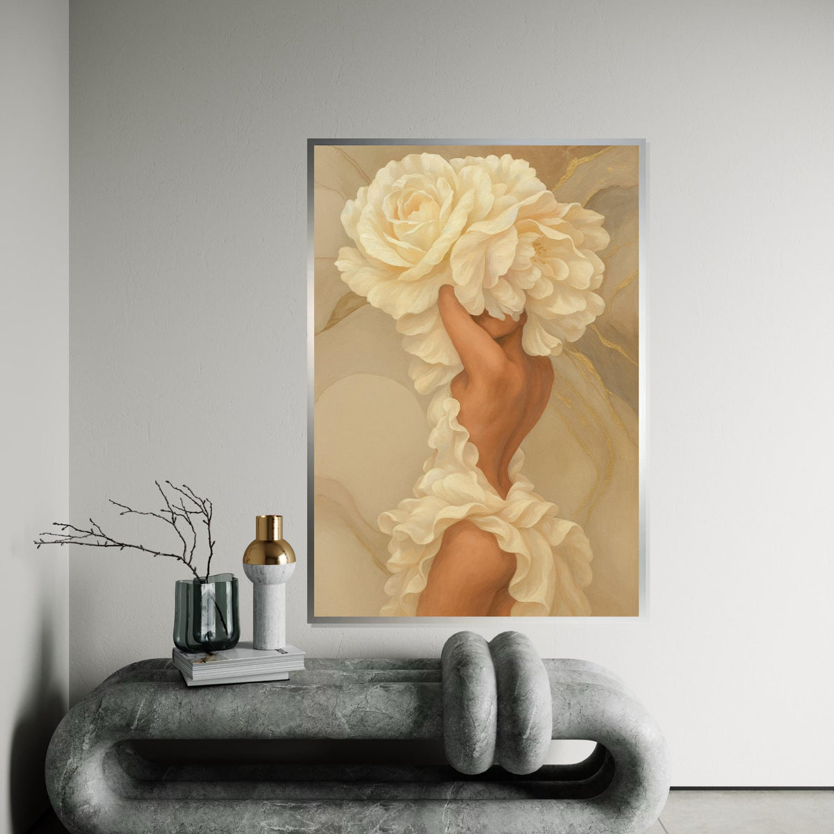 Flower Dress Canvas, Woman Art,Blossom Head Art, Floral Wall Art, Elegant Canvas Design, Ready to Hang Decoration, NatureInspired Wall Print