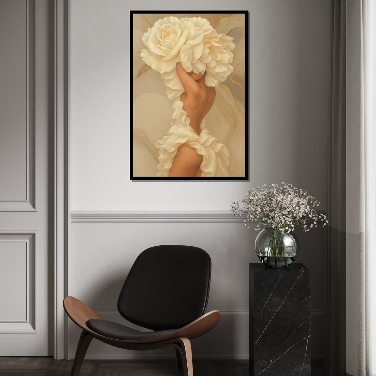 Flower Dress Canvas, Woman Art,Blossom Head Art, Floral Wall Art, Elegant Canvas Design, Ready to Hang Decoration, NatureInspired Wall Print