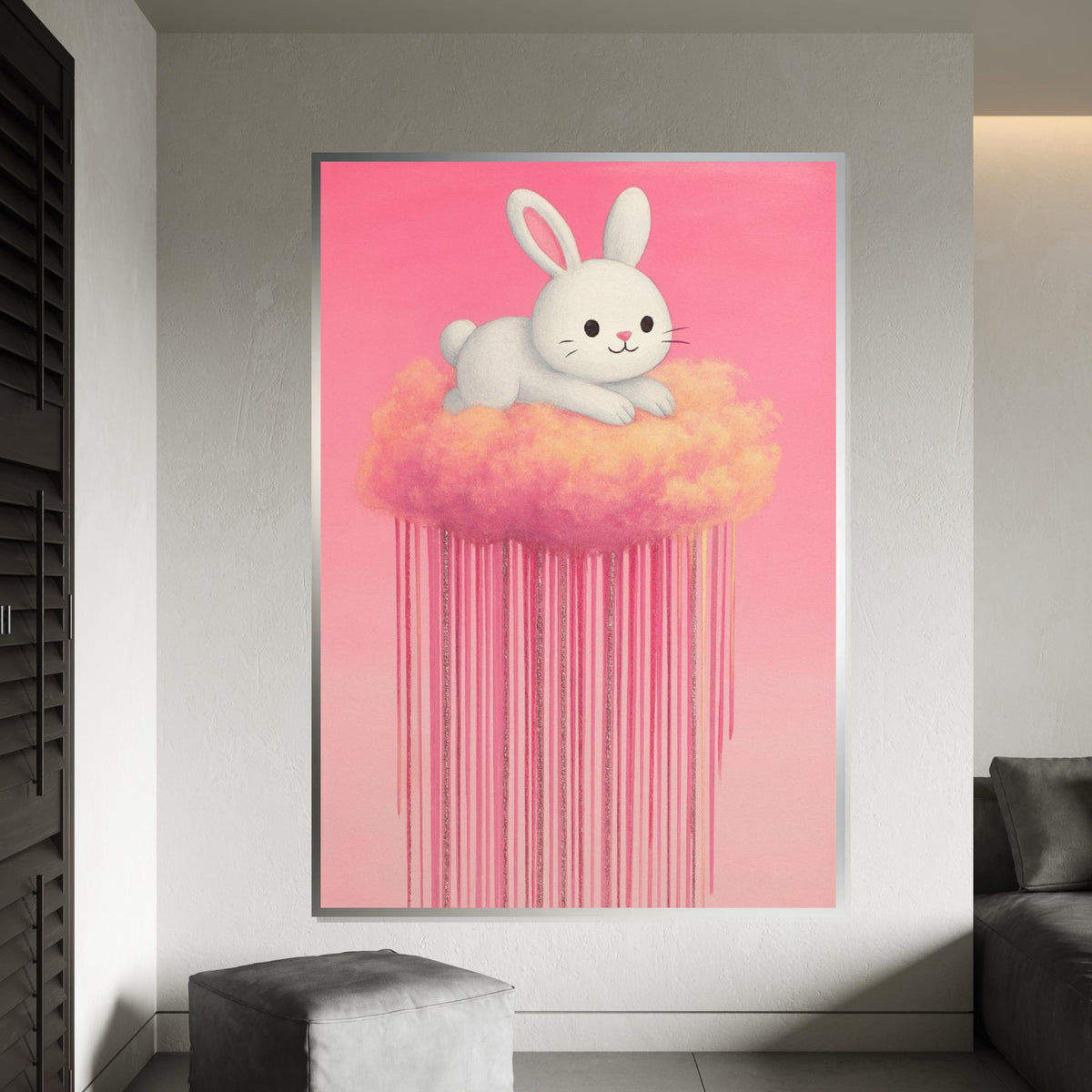 Dreamy Bunny Canvas, Pastel Rabbit Cloud Art, Cute Animal Wall Print, Wall Art Canvas Design, Ready to Hang Decor