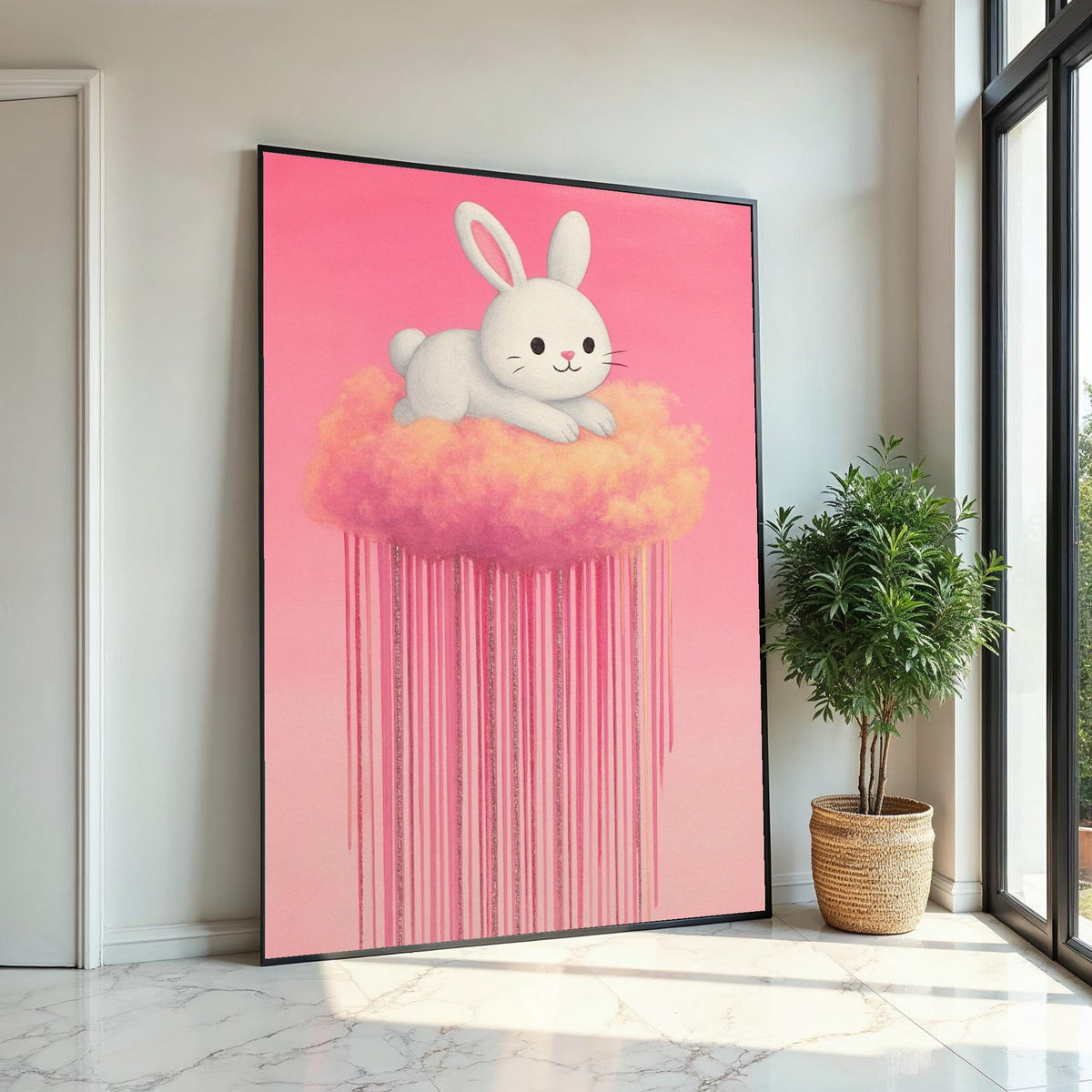 Dreamy Bunny Canvas, Pastel Rabbit Cloud Art, Cute Animal Wall Print, Wall Art Canvas Design, Ready to Hang Decor