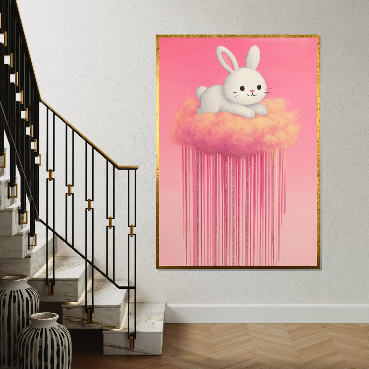 Dreamy Bunny Canvas, Pastel Rabbit Cloud Art, Cute Animal Wall Print, Wall Art Canvas Design, Ready to Hang Decor