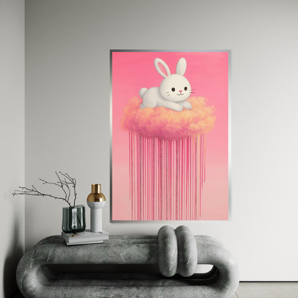Dreamy Bunny Canvas, Pastel Rabbit Cloud Art, Cute Animal Wall Print, Wall Art Canvas Design, Ready to Hang Decor