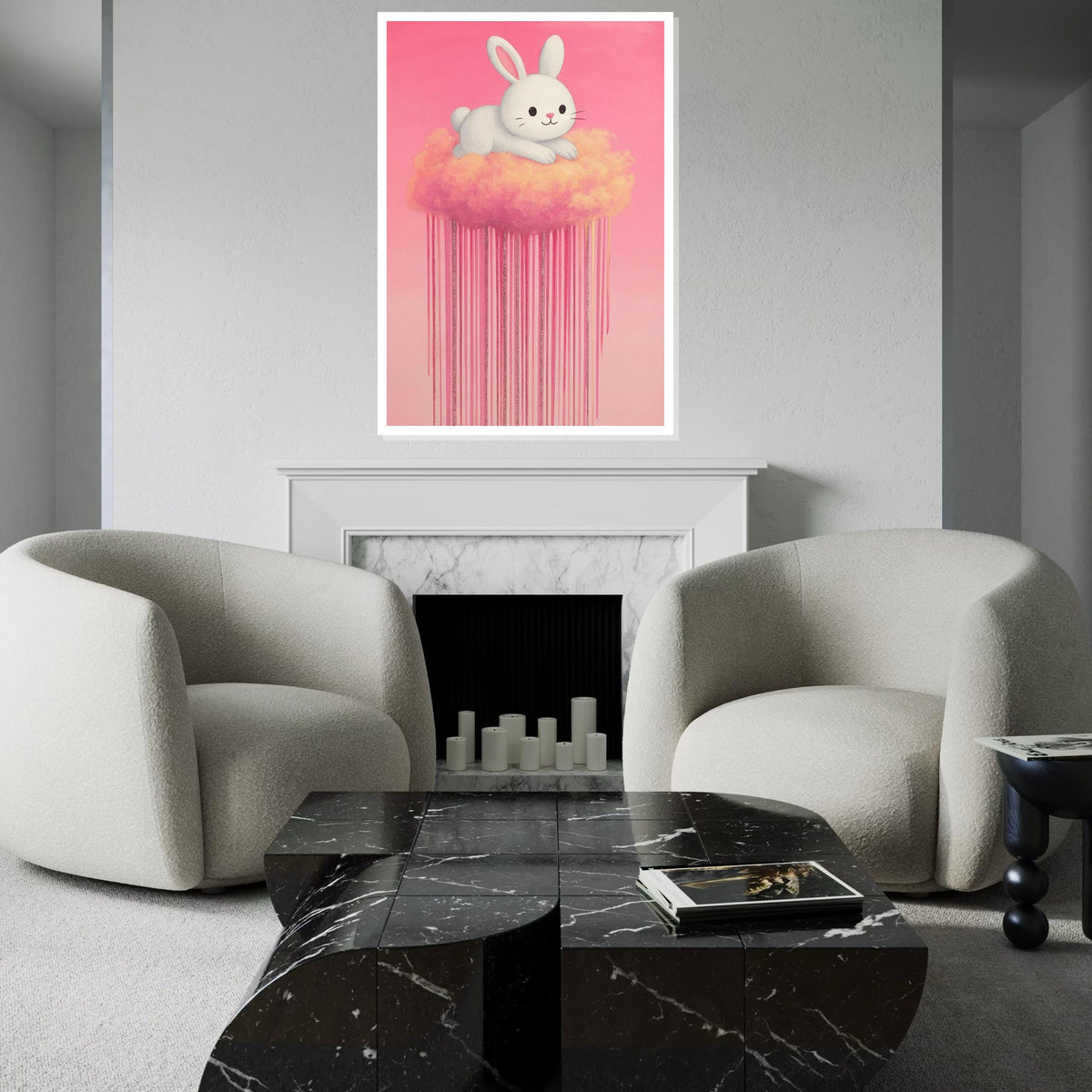 Dreamy Bunny Canvas, Pastel Rabbit Cloud Art, Cute Animal Wall Print, Wall Art Canvas Design, Ready to Hang Decor