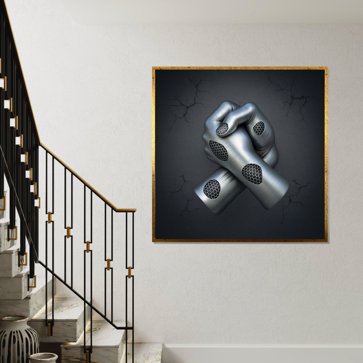 Futuristic Cyber Hands Canvas, Abstract Wall Art, Metallic 3D Print, Modern Canvas Design, Ready to Hang Home Decor
