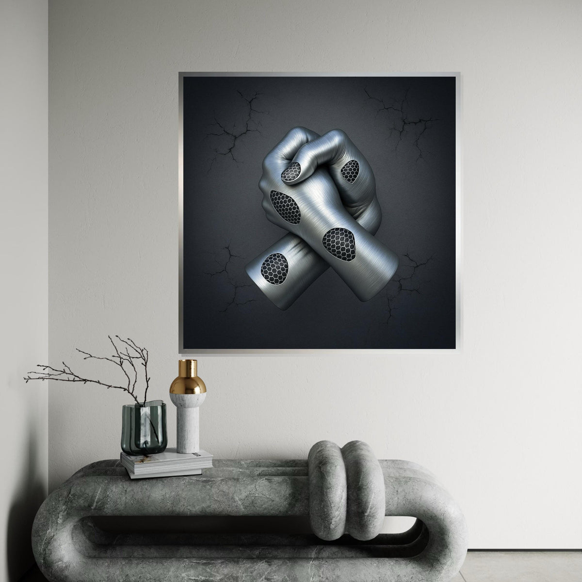 Futuristic Cyber Hands Canvas, Abstract Wall Art, Metallic 3D Print, Modern Canvas Design, Ready to Hang Home Decor