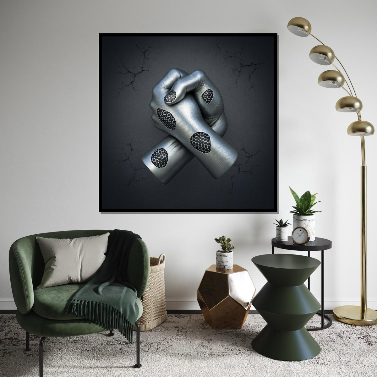 Futuristic Cyber Hands Canvas, Abstract Wall Art, Metallic 3D Print, Modern Canvas Design, Ready to Hang Home Decor
