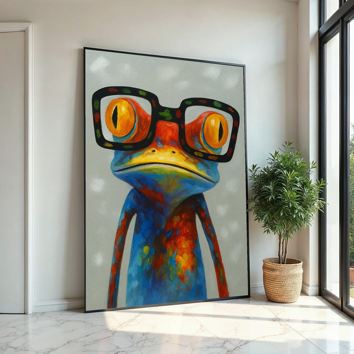 Colorful Frog Canvas, Frog with Glasses Wall Art, Multicolor Animal Canvas, Wall Art Canvas Design, Ready to Hang Decoration