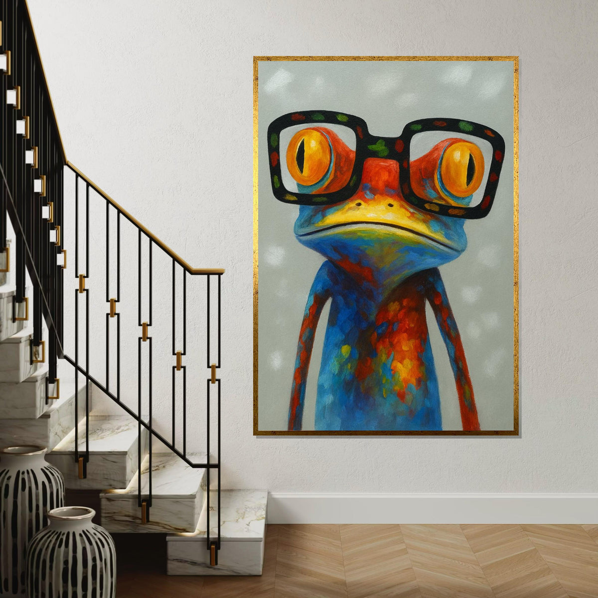 Colorful Frog Canvas, Frog with Glasses Wall Art, Multicolor Animal Canvas, Wall Art Canvas Design, Ready to Hang Decoration