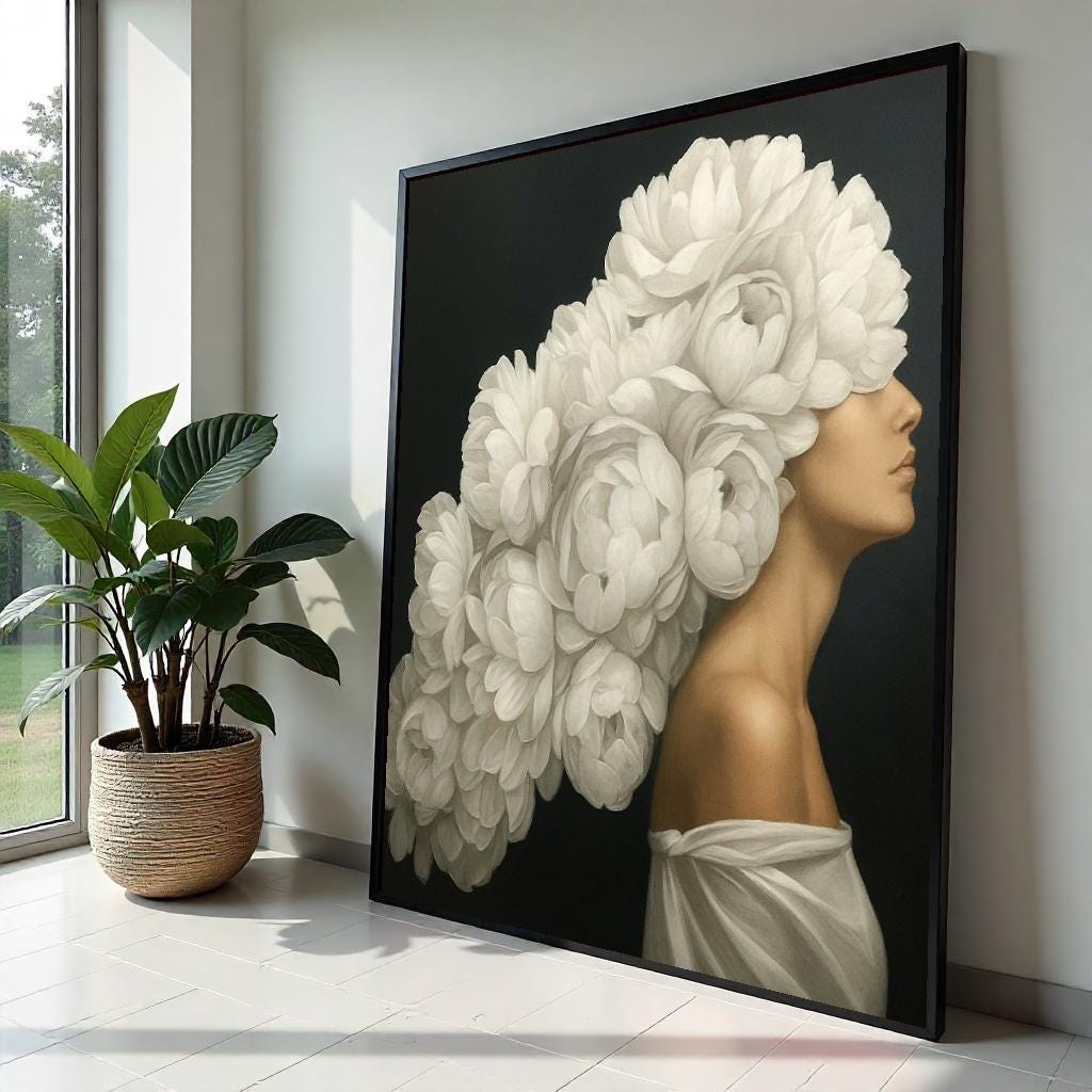 Elegant Floral Headpiece Canvas, Woman with Blossoms, Flower Art, Wall Art Canvas Design, Ready to Hang, Floral Portrait Poster