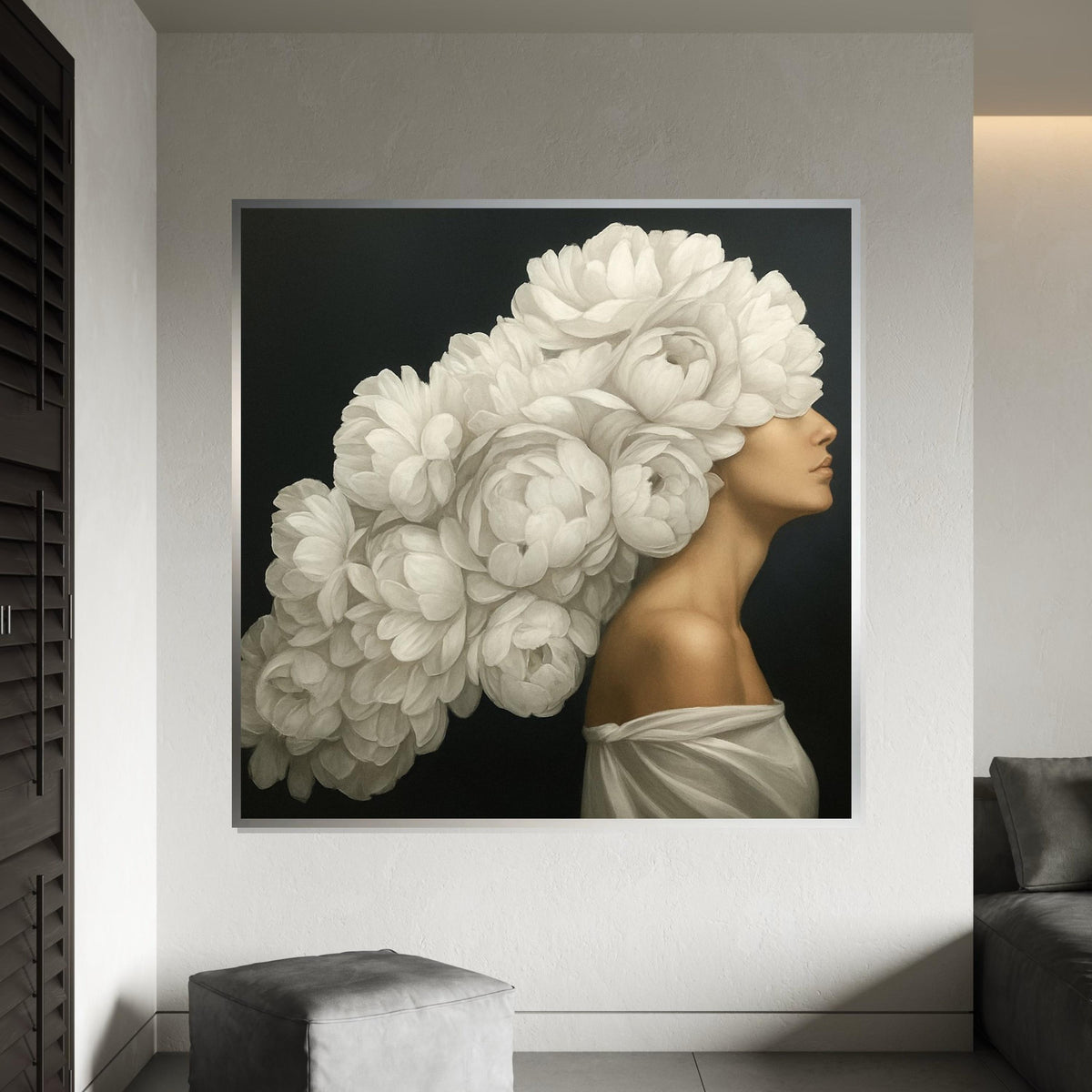 Elegant Floral Headpiece Canvas, Woman with Blossoms, Flower Art, Wall Art Canvas Design, Ready to Hang, Floral Portrait Poster