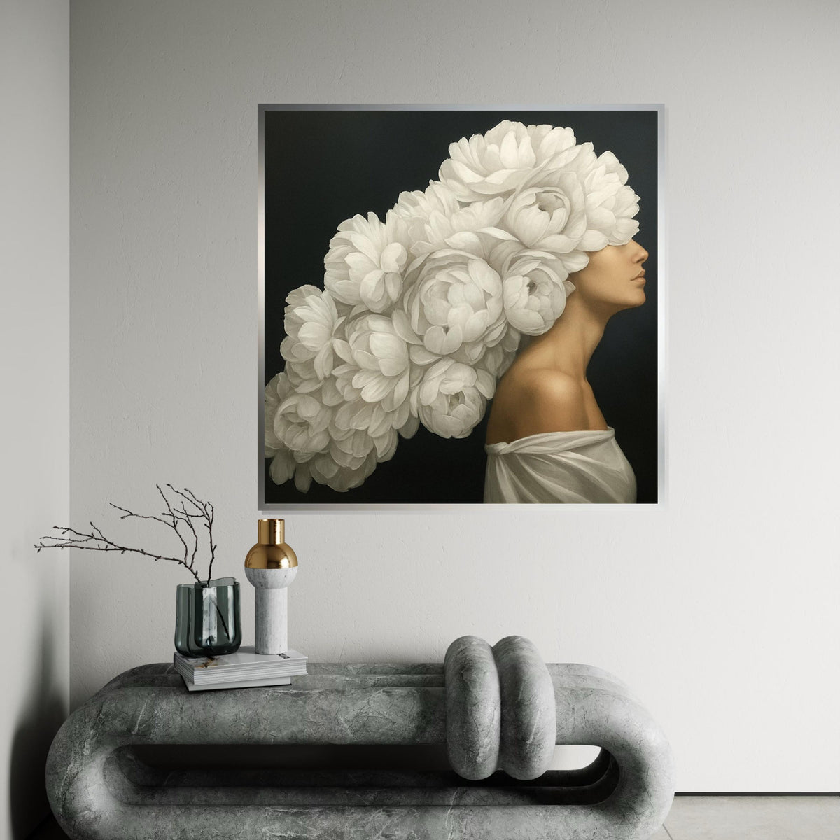 Elegant Floral Headpiece Canvas, Woman with Blossoms, Flower Art, Wall Art Canvas Design, Ready to Hang, Floral Portrait Poster