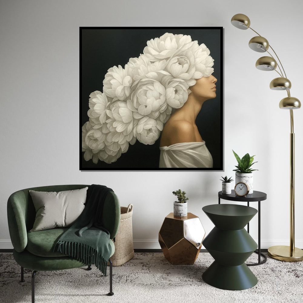 Elegant Floral Headpiece Canvas, Woman with Blossoms, Flower Art, Wall Art Canvas Design, Ready to Hang, Floral Portrait Poster