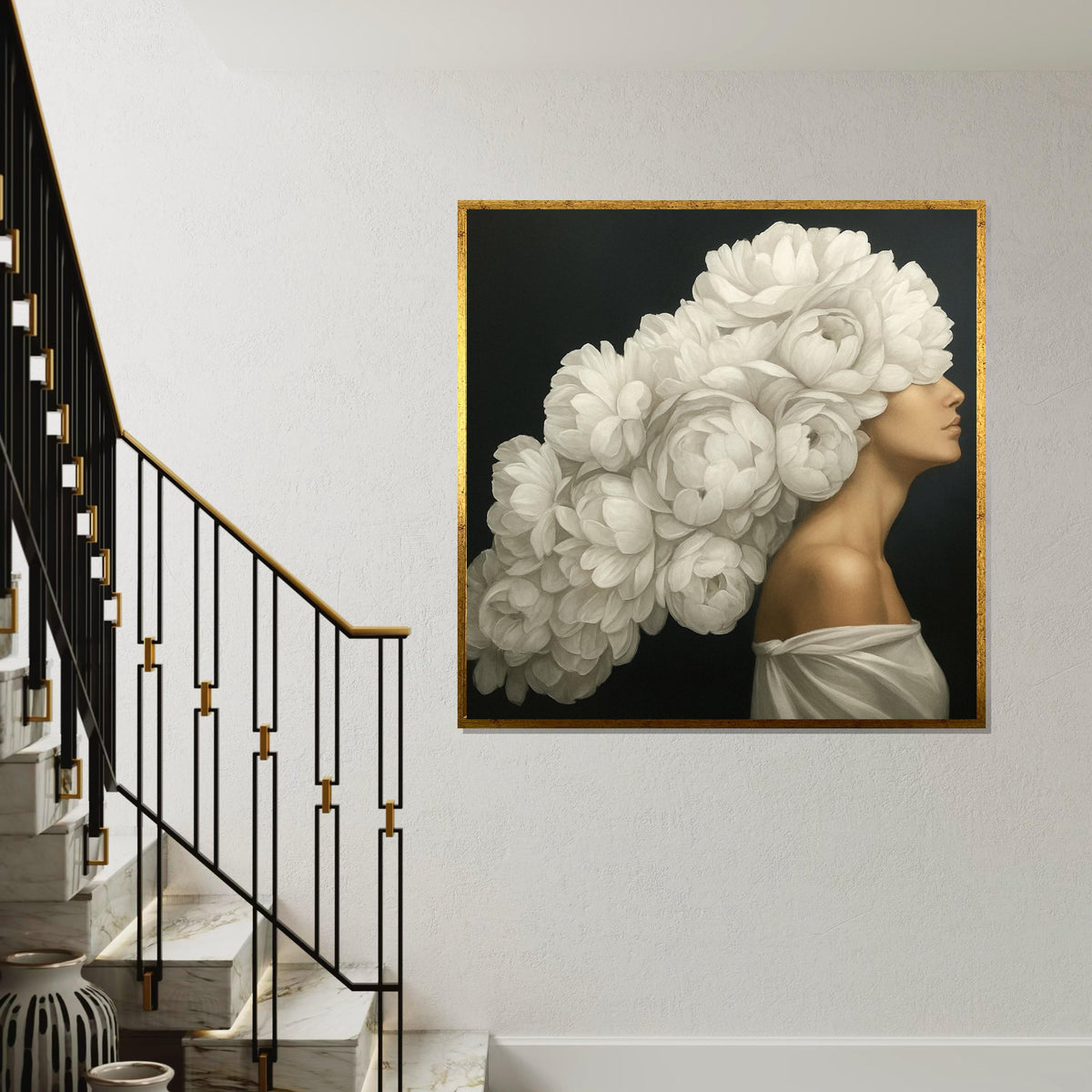 Elegant Floral Headpiece Canvas, Woman with Blossoms, Flower Art, Wall Art Canvas Design, Ready to Hang, Floral Portrait Poster