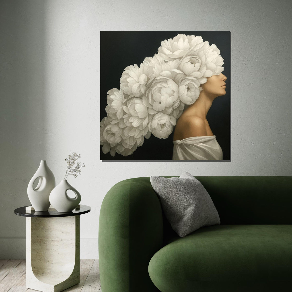 Elegant Floral Headpiece Canvas, Woman with Blossoms, Flower Art, Wall Art Canvas Design, Ready to Hang, Floral Portrait Poster