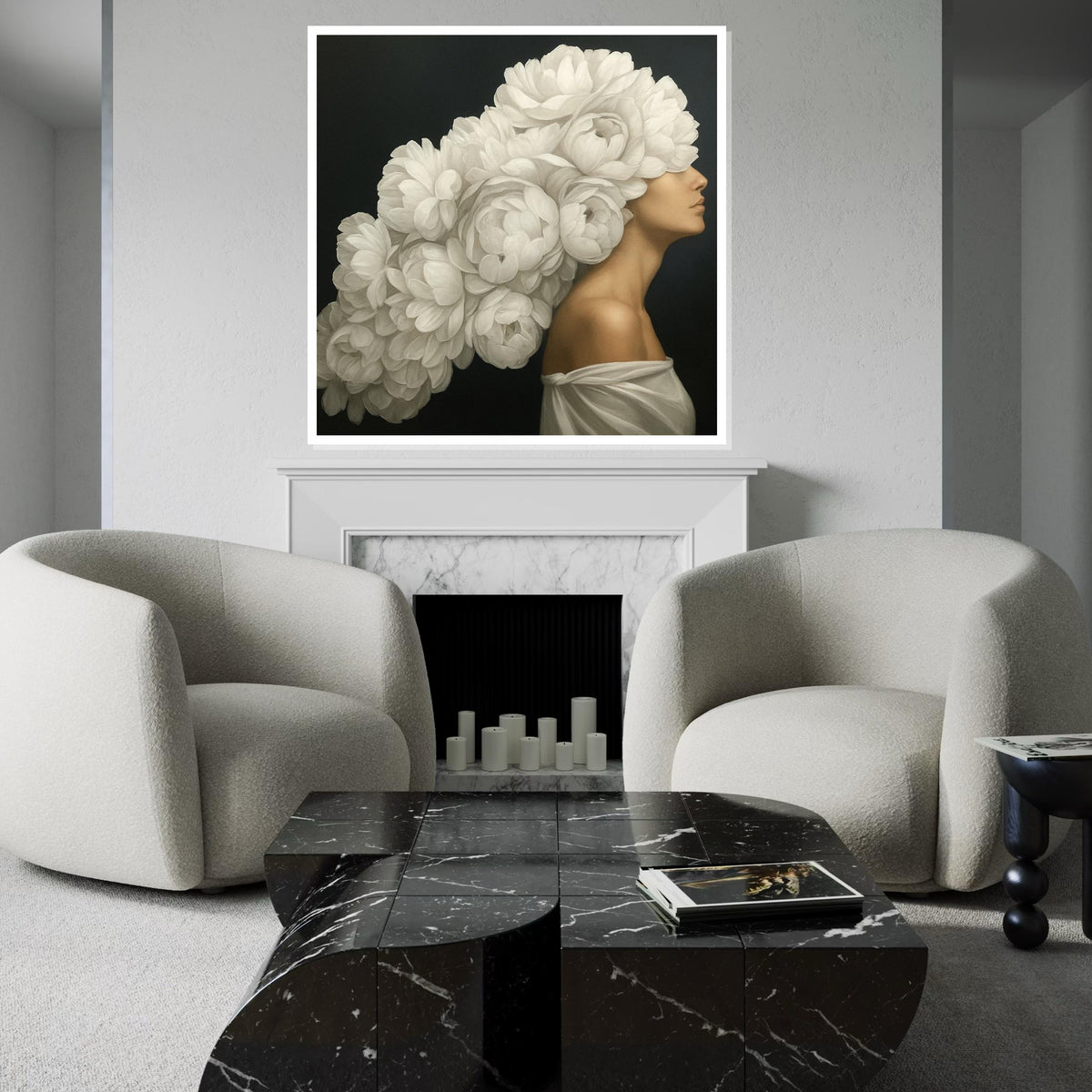 Elegant Floral Headpiece Canvas, Woman with Blossoms, Flower Art, Wall Art Canvas Design, Ready to Hang, Floral Portrait Poster