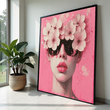Floral Sunglasses Canvas, Pink Art Print, Flower Headpiece Wall Art, Fashion Canvas Design, Modern Pop Art, Ready to Hang Decoration