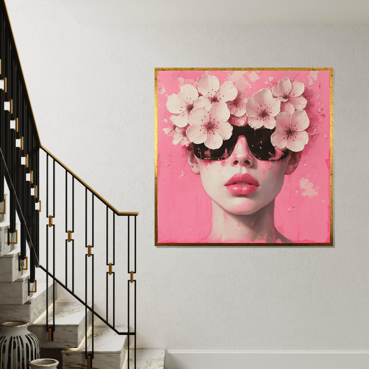 Floral Sunglasses Canvas, Pink Art Print, Flower Headpiece Wall Art, Fashion Canvas Design, Modern Pop Art, Ready to Hang Decoration