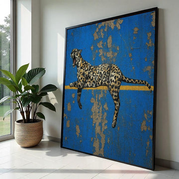 Leopard Canvas Wall Art, Animal Wall Print, Blue and Gold Design, Wild Beast Poster, Jungle Canvas, Wall Art Canvas Design, Ready to Hang