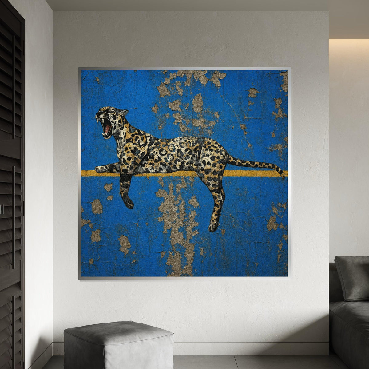 Leopard Canvas Wall Art, Animal Wall Print, Blue and Gold Design, Wild Beast Poster, Jungle Canvas, Wall Art Canvas Design, Ready to Hang