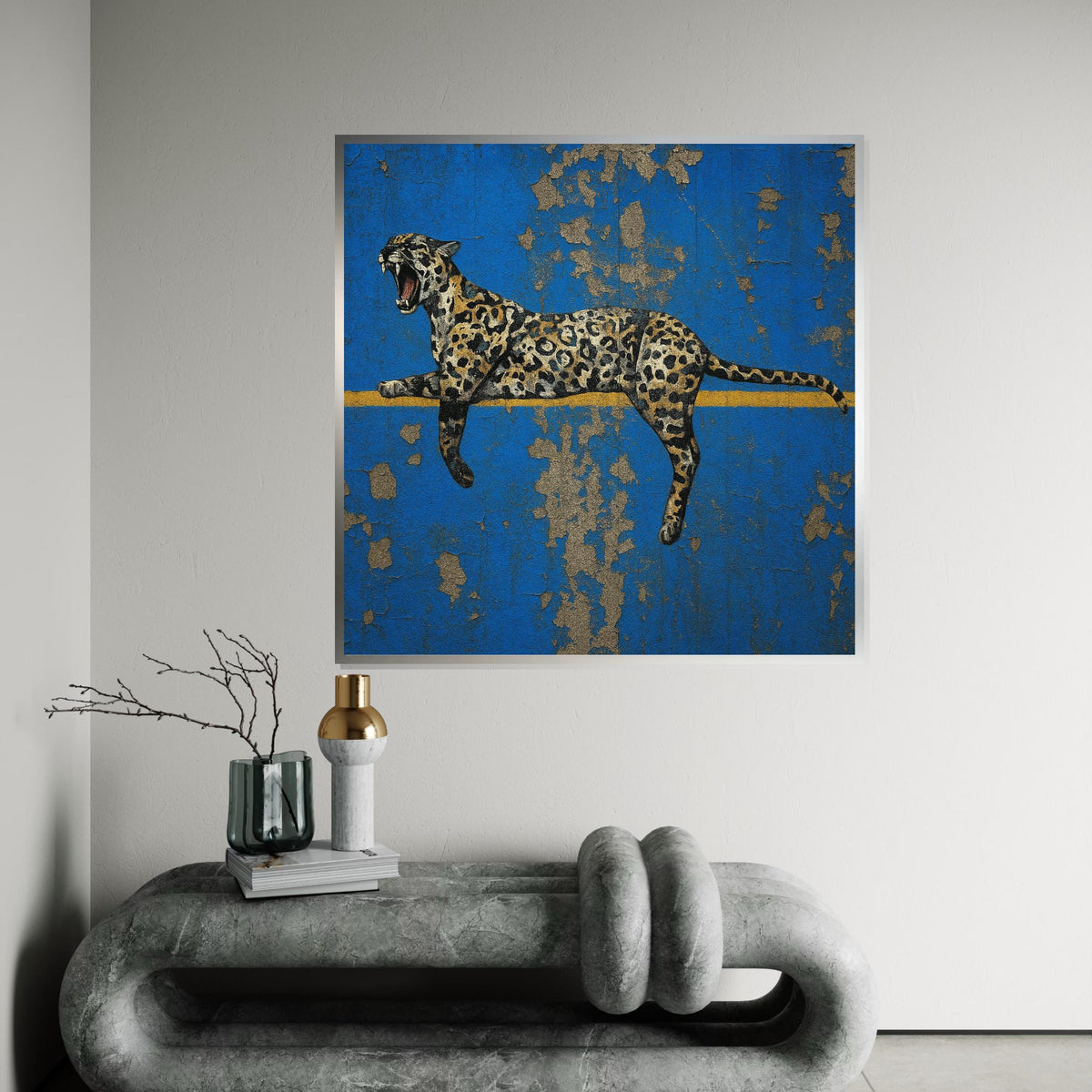 Leopard Canvas Wall Art, Animal Wall Print, Blue and Gold Design, Wild Beast Poster, Jungle Canvas, Wall Art Canvas Design, Ready to Hang