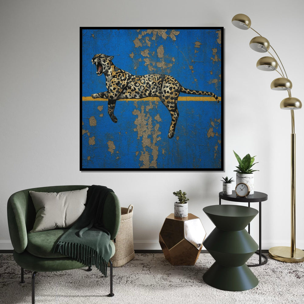 Leopard Canvas Wall Art, Animal Wall Print, Blue and Gold Design, Wild Beast Poster, Jungle Canvas, Wall Art Canvas Design, Ready to Hang