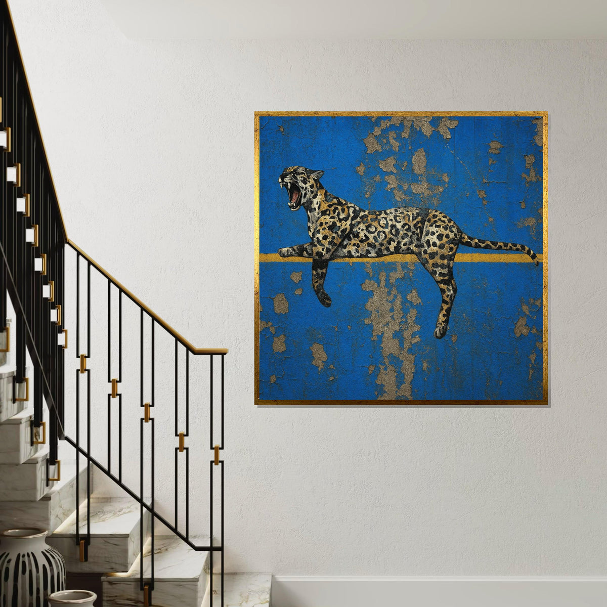 Leopard Canvas Wall Art, Animal Wall Print, Blue and Gold Design, Wild Beast Poster, Jungle Canvas, Wall Art Canvas Design, Ready to Hang