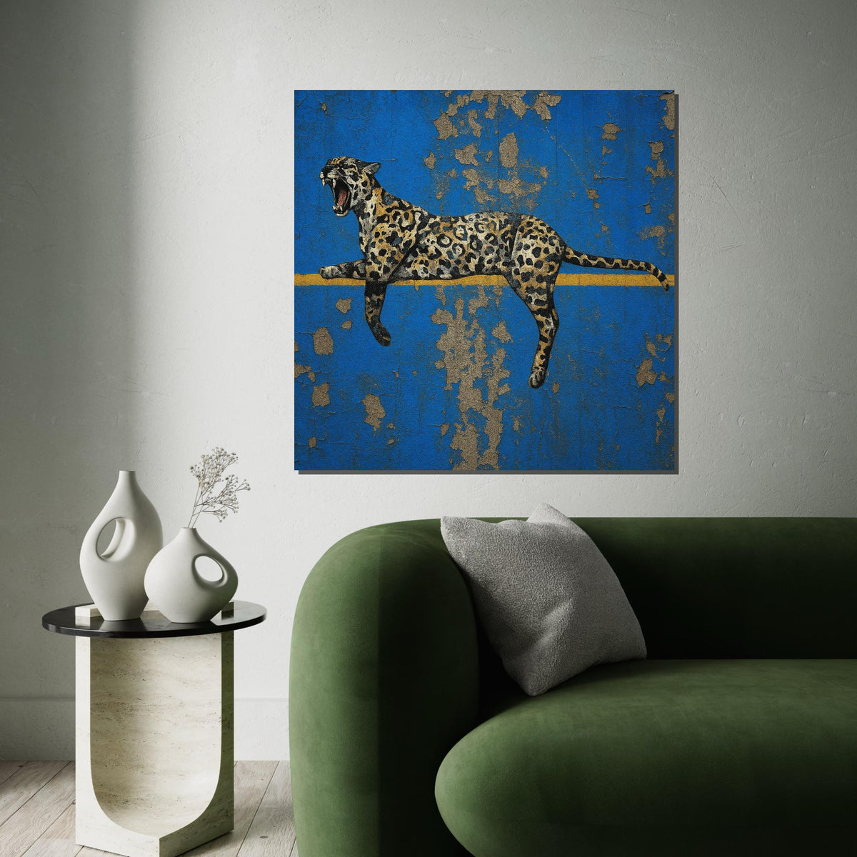 Leopard Canvas Wall Art, Animal Wall Print, Blue and Gold Design, Wild Beast Poster, Jungle Canvas, Wall Art Canvas Design, Ready to Hang