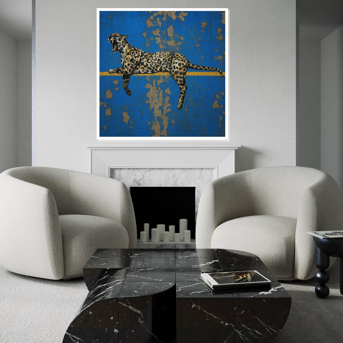 Leopard Canvas Wall Art, Animal Wall Print, Blue and Gold Design, Wild Beast Poster, Jungle Canvas, Wall Art Canvas Design, Ready to Hang