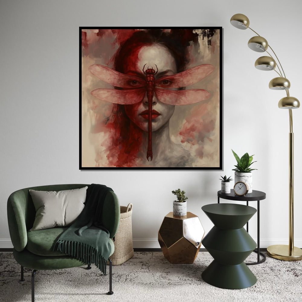 Dragonfly Mask Canvas, Surreal Face Art, Red Dragonfly Poster, Wall Art Canvas Design, Ready to Hang Home Decor, Unique Artistic Print