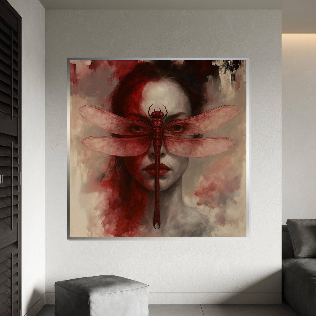 Dragonfly Mask Canvas, Surreal Face Art, Red Dragonfly Poster, Wall Art Canvas Design, Ready to Hang Home Decor, Unique Artistic Print