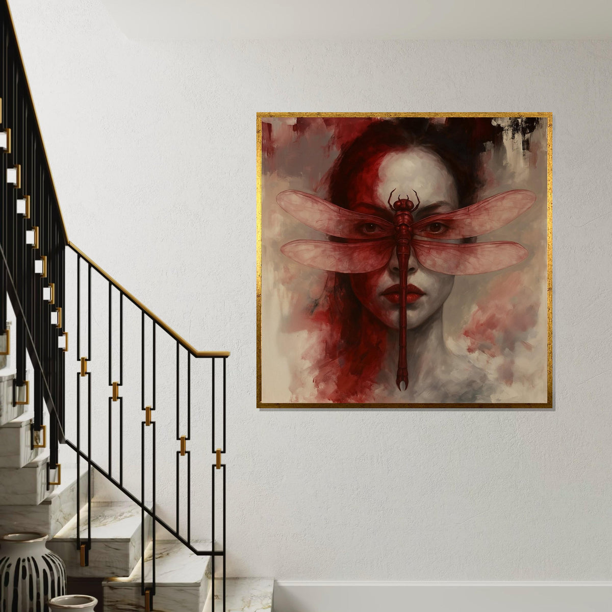 Dragonfly Mask Canvas, Surreal Face Art, Red Dragonfly Poster, Wall Art Canvas Design, Ready to Hang Home Decor, Unique Artistic Print