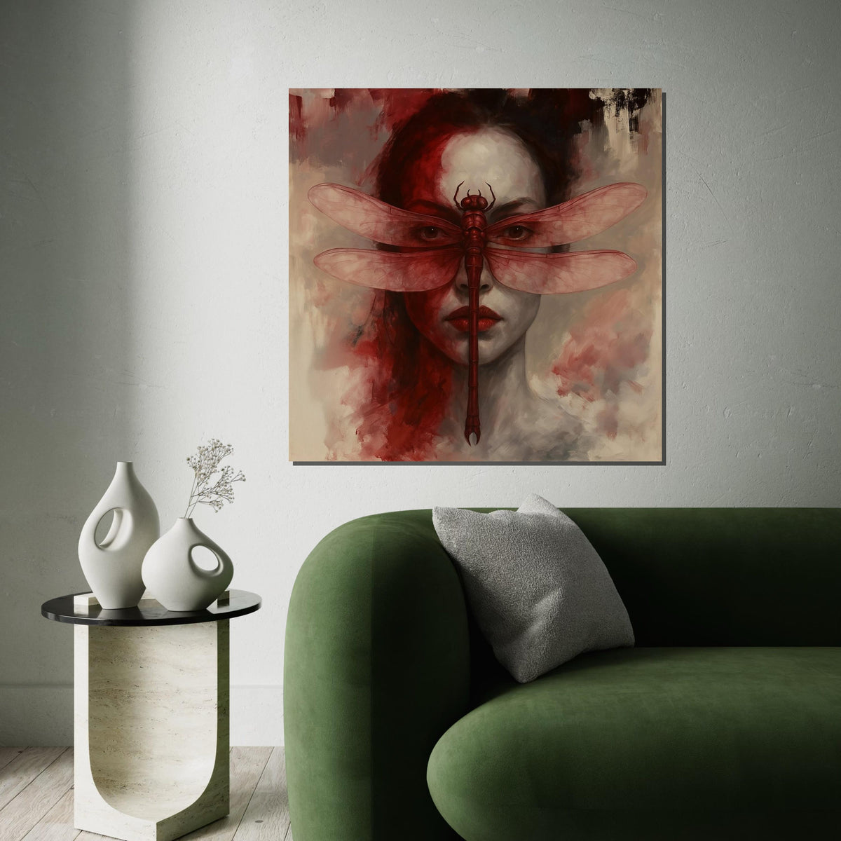 Dragonfly Mask Canvas, Surreal Face Art, Red Dragonfly Poster, Wall Art Canvas Design, Ready to Hang Home Decor, Unique Artistic Print