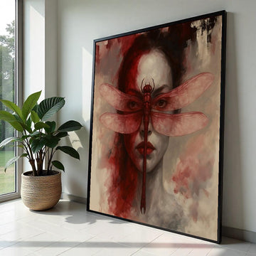 Dragonfly Mask Canvas, Surreal Face Art, Red Dragonfly Poster, Wall Art Canvas Design, Ready to Hang Home Decor, Unique Artistic Print