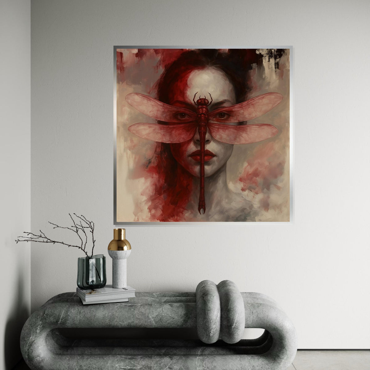 Dragonfly Mask Canvas, Surreal Face Art, Red Dragonfly Poster, Wall Art Canvas Design, Ready to Hang Home Decor, Unique Artistic Print