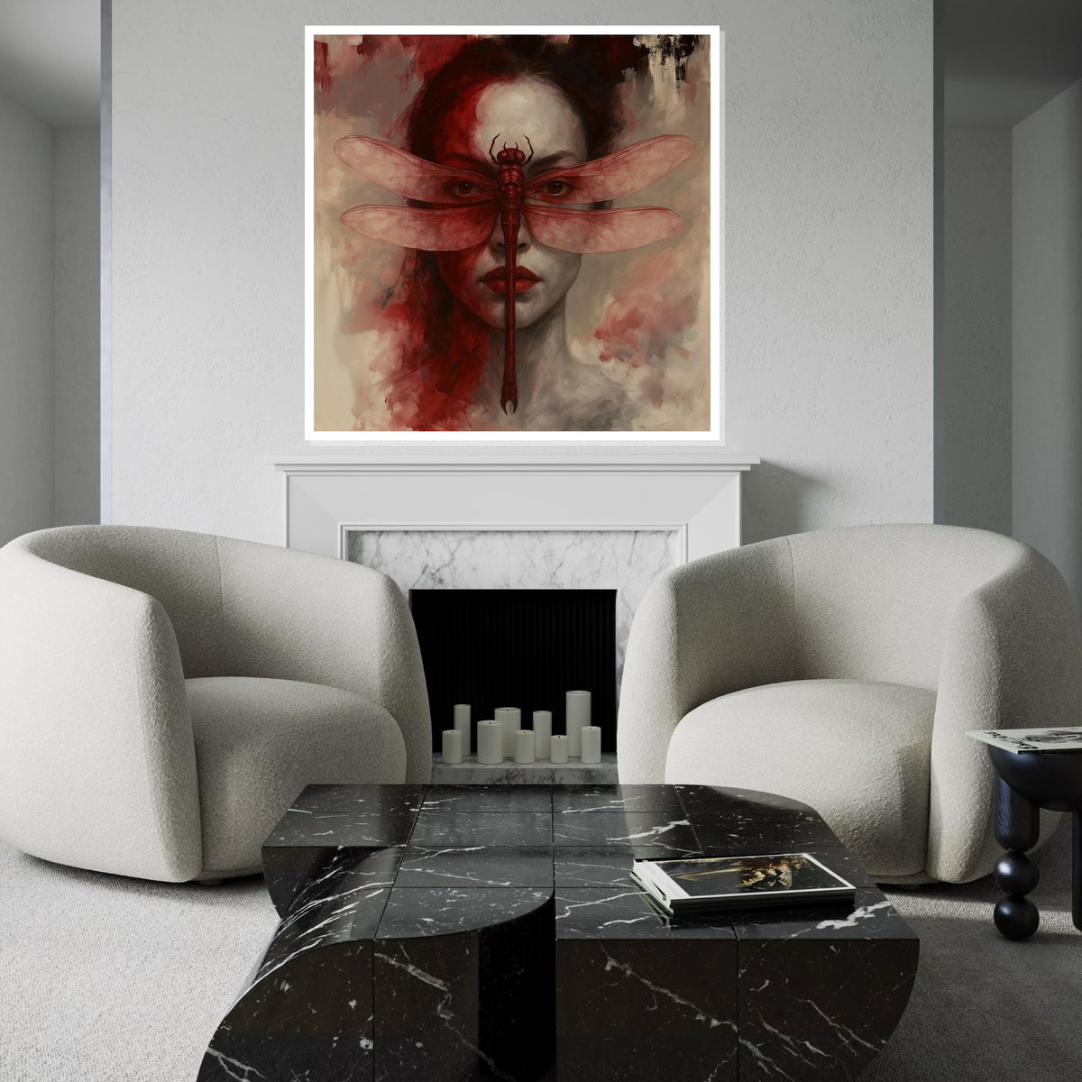 Dragonfly Mask Canvas, Surreal Face Art, Red Dragonfly Poster, Wall Art Canvas Design, Ready to Hang Home Decor, Unique Artistic Print