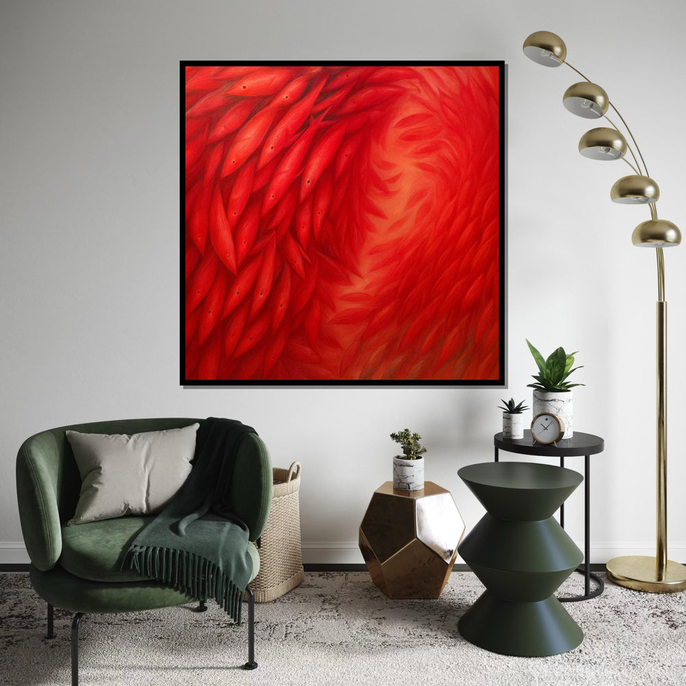 Red Swirl Fish Canvas, Abstract Fish Pattern, Vibrant Red Ocean Art, Wall Art Canvas Design, Ready To Hang Decor, Fish School Print