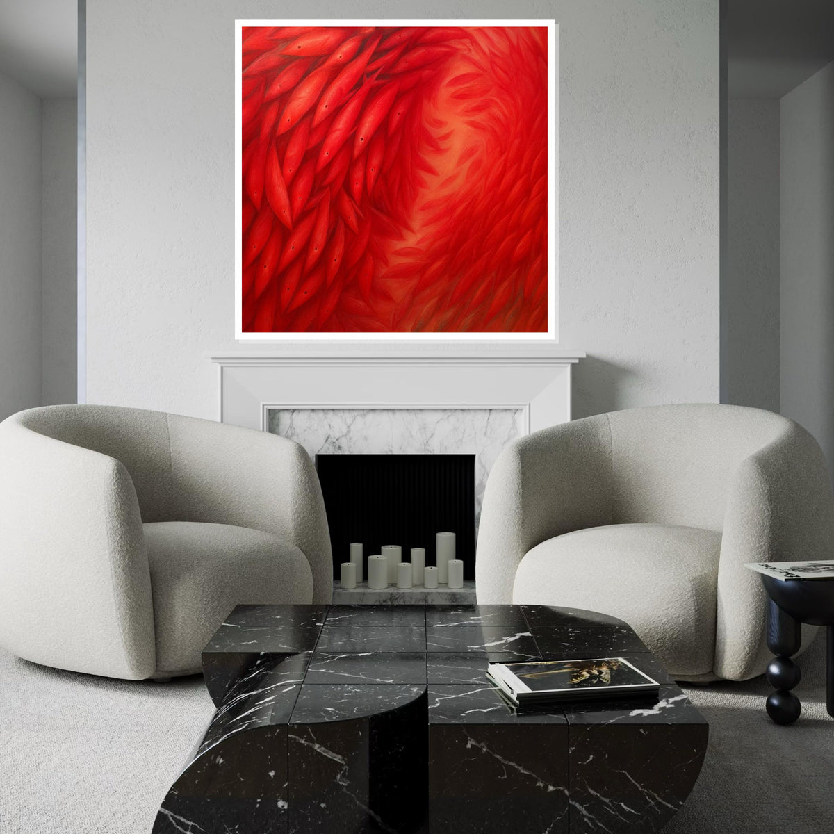 Red Swirl Fish Canvas, Abstract Fish Pattern, Vibrant Red Ocean Art, Wall Art Canvas Design, Ready To Hang Decor, Fish School Print