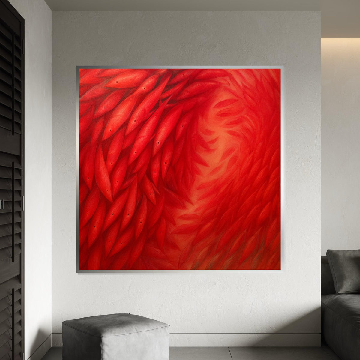 Red Swirl Fish Canvas, Abstract Fish Pattern, Vibrant Red Ocean Art, Wall Art Canvas Design, Ready To Hang Decor, Fish School Print