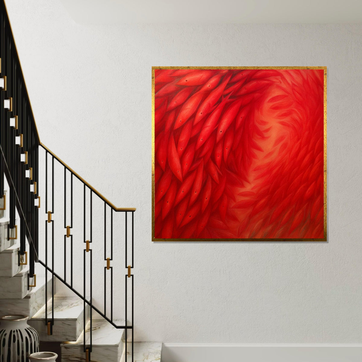 Red Swirl Fish Canvas, Abstract Fish Pattern, Vibrant Red Ocean Art, Wall Art Canvas Design, Ready To Hang Decor, Fish School Print