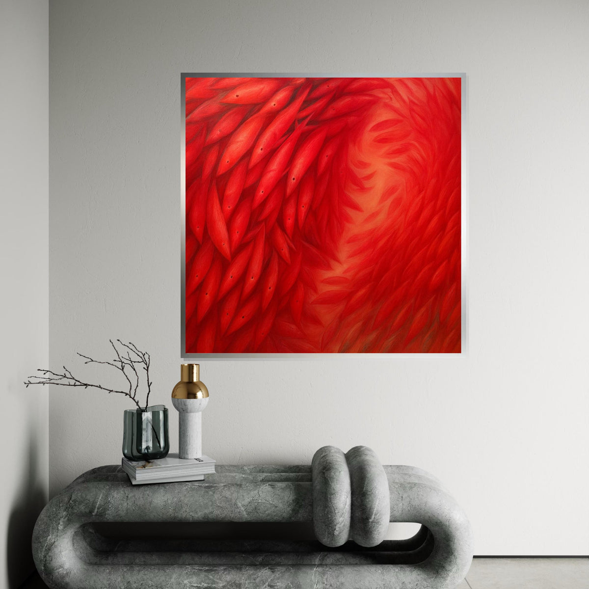 Red Swirl Fish Canvas, Abstract Fish Pattern, Vibrant Red Ocean Art, Wall Art Canvas Design, Ready To Hang Decor, Fish School Print