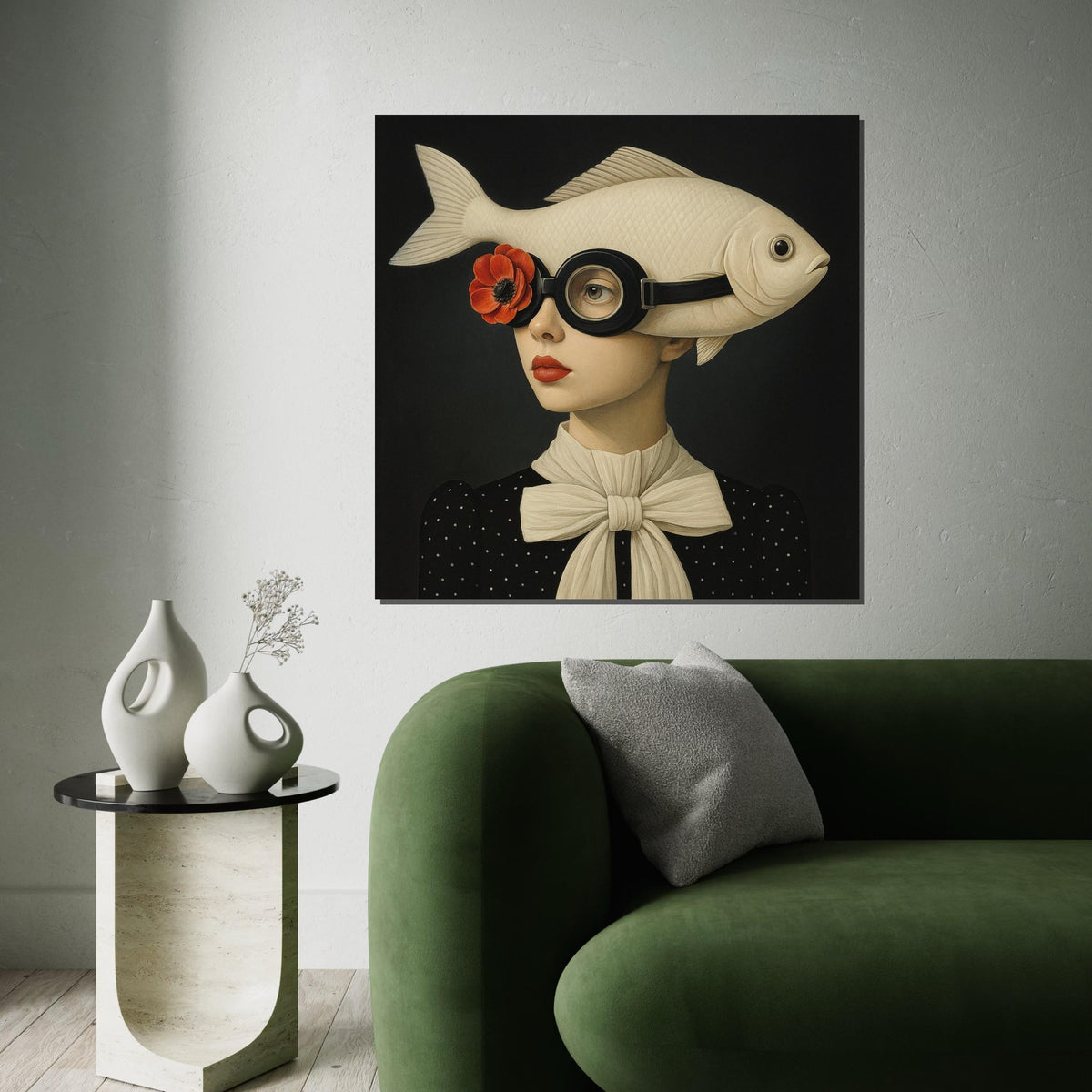Fish Hat Canvas Art, Surreal Wall Art, Fish Lady Portrait, Quirky Canvas Design, Ready to Hang, Unique Home Decor, Artistic Wall Display