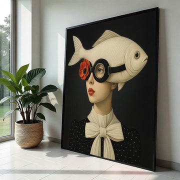 Fish Hat Canvas Art, Surreal Wall Art, Fish Lady Portrait, Quirky Canvas Design, Ready to Hang, Unique Home Decor, Artistic Wall Display