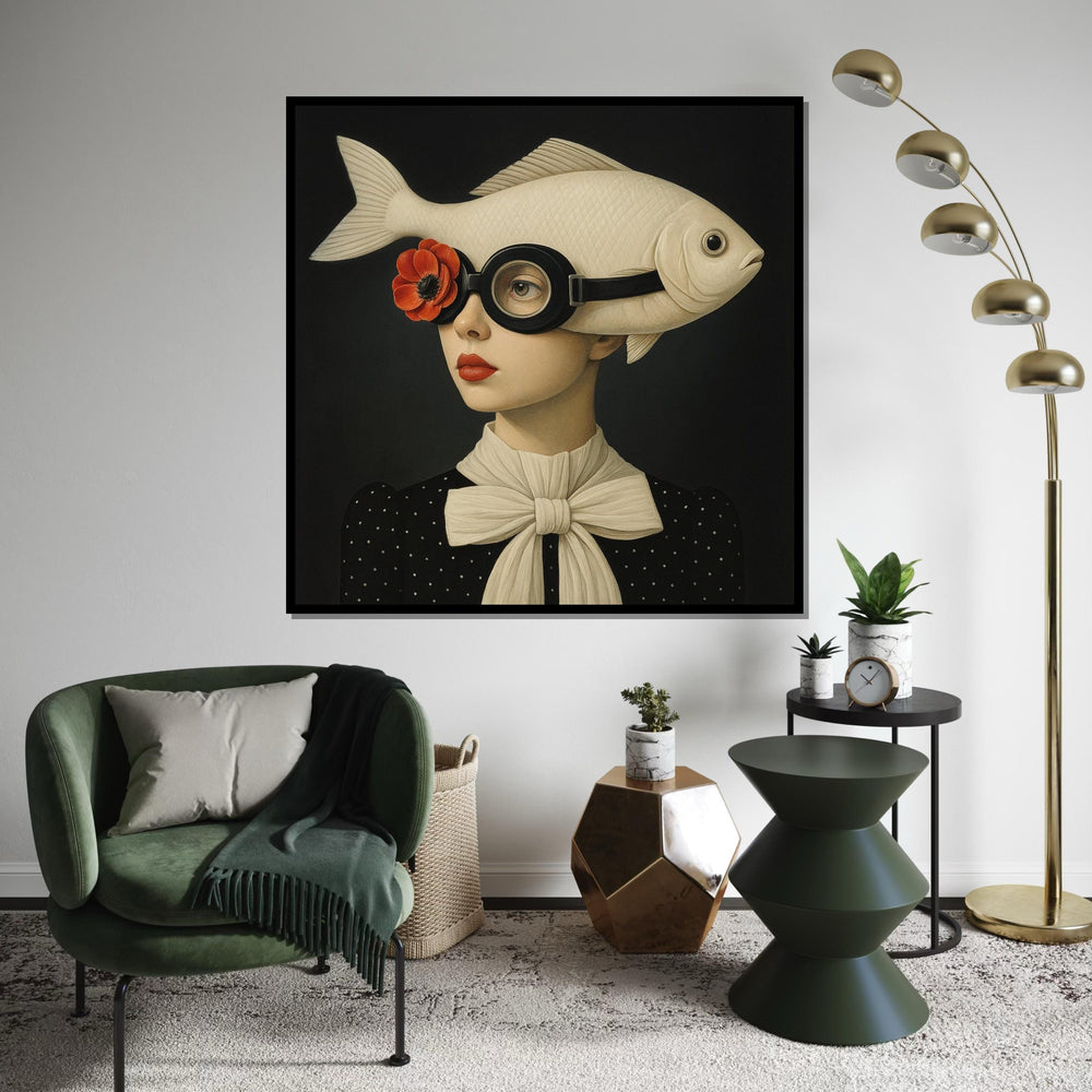 Fish Hat Canvas Art, Surreal Wall Art, Fish Lady Portrait, Quirky Canvas Design, Ready to Hang, Unique Home Decor, Artistic Wall Display