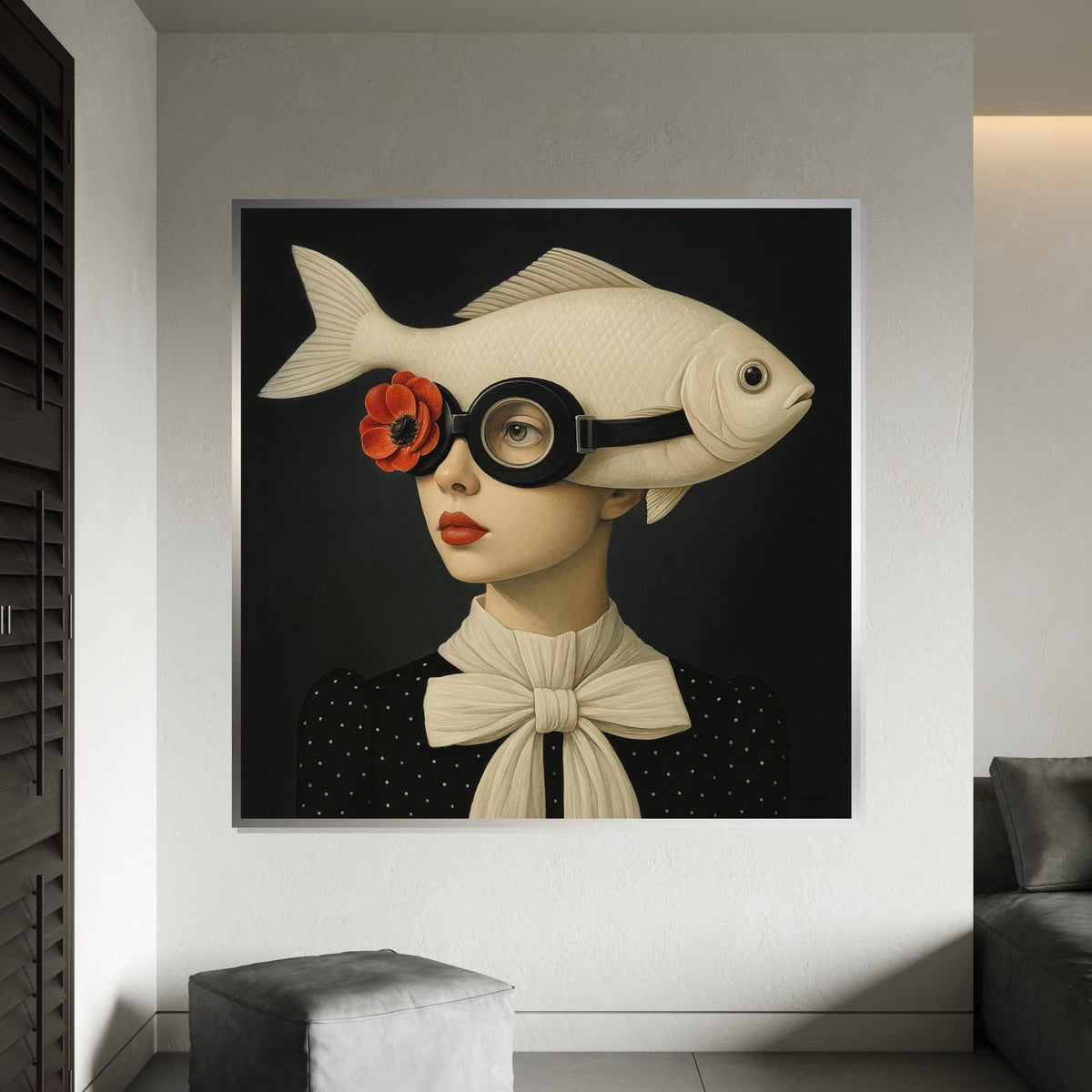 Fish Hat Canvas Art, Surreal Wall Art, Fish Lady Portrait, Quirky Canvas Design, Ready to Hang, Unique Home Decor, Artistic Wall Display