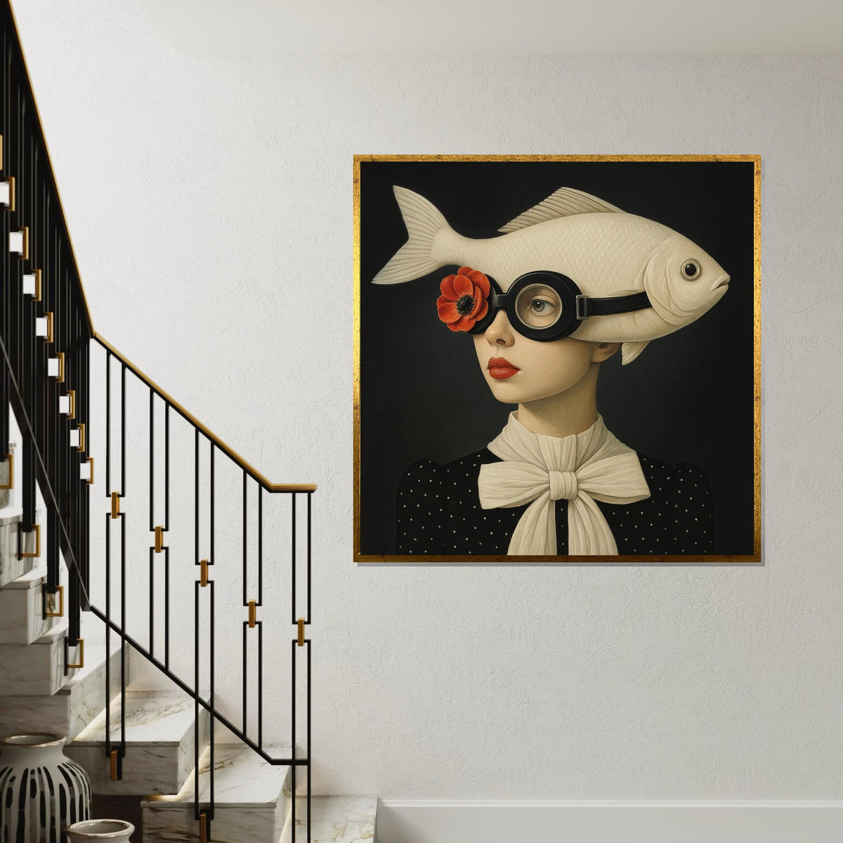 Fish Hat Canvas Art, Surreal Wall Art, Fish Lady Portrait, Quirky Canvas Design, Ready to Hang, Unique Home Decor, Artistic Wall Display
