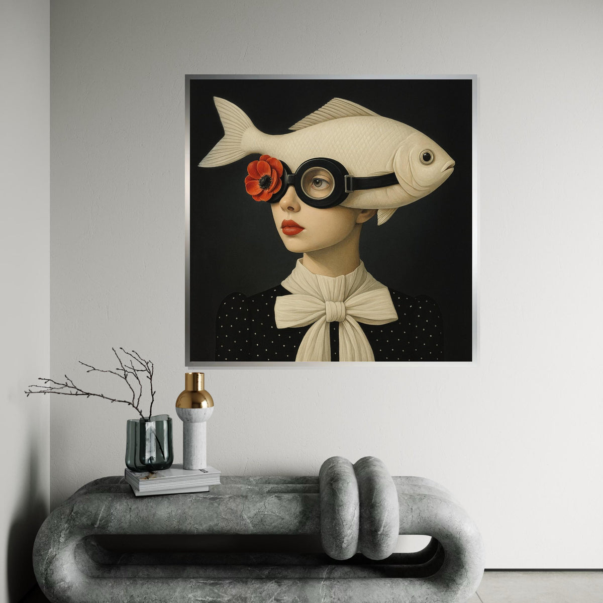 Fish Hat Canvas Art, Surreal Wall Art, Fish Lady Portrait, Quirky Canvas Design, Ready to Hang, Unique Home Decor, Artistic Wall Display