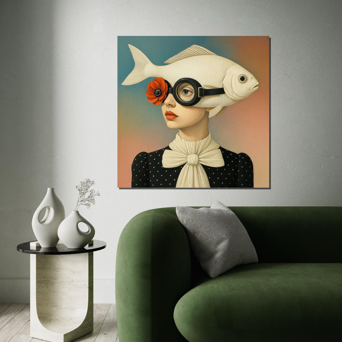 Surreal Fish Hat Lady Canvas, Pop Art Portrait, Unique Wall Art Canvas Design, Whimsical Decor, Ready To Hang Art, Fish Head Fashion