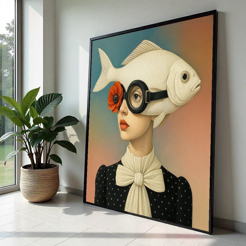 Surreal Fish Hat Lady Canvas, Pop Art Portrait, Unique Wall Art Canvas Design, Whimsical Decor, Ready To Hang Art, Fish Head Fashion