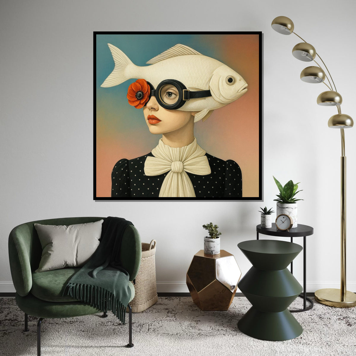 Surreal Fish Hat Lady Canvas, Pop Art Portrait, Unique Wall Art Canvas Design, Whimsical Decor, Ready To Hang Art, Fish Head Fashion